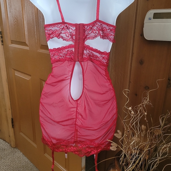 💜 New Red Deep V Neck Ruched Lace Mesh Chemise - Picture 6 of 7